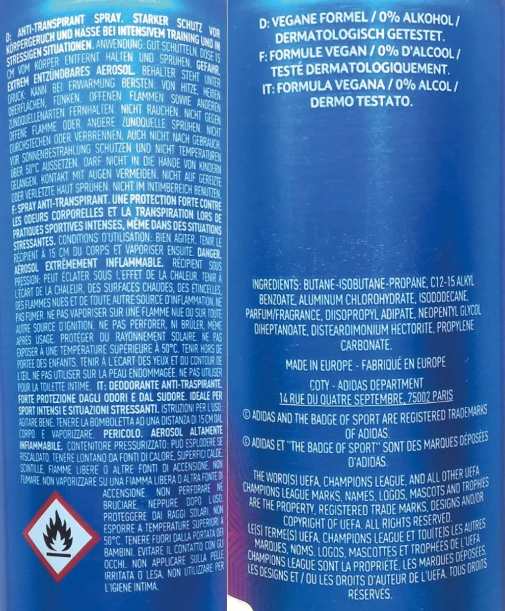 adidas Champions League Deospray 3x150ml - 48u Bescherming