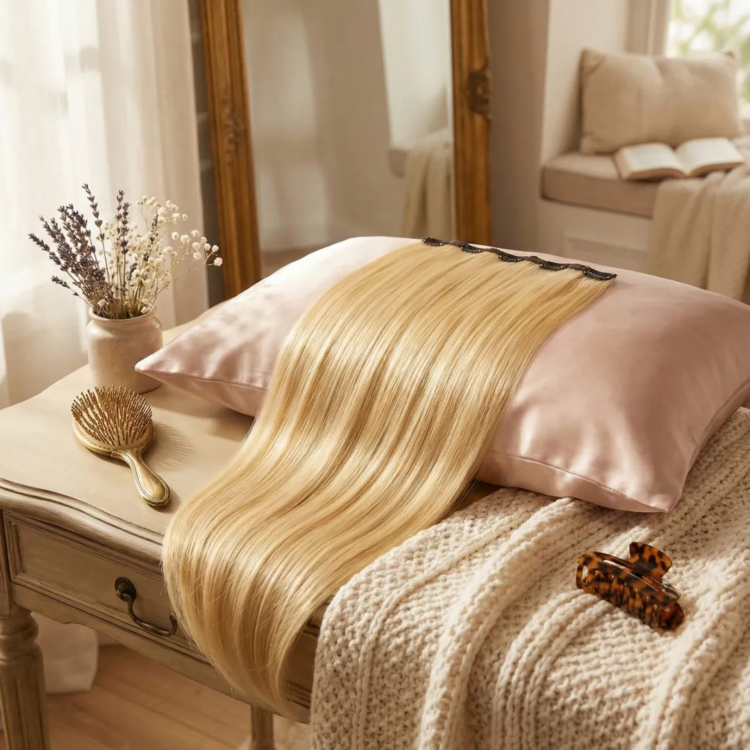 NuveX Clip-in Haar Extensies Synthetisch - Geel Vlas Goud