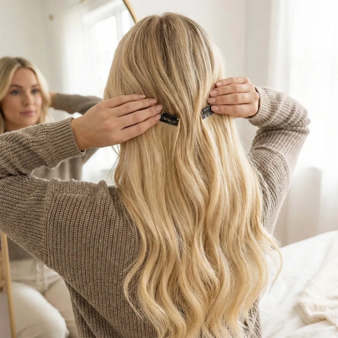 NuveX Clip-in Haar Extensies Synthetisch - Geel Vlas Goud