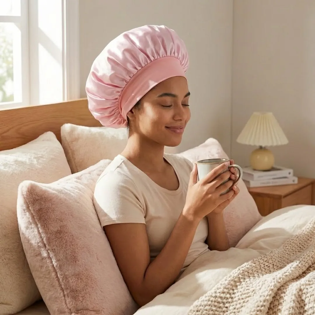 NuveX Roze Satin Haarbonnet - Elastisch - Antikroes