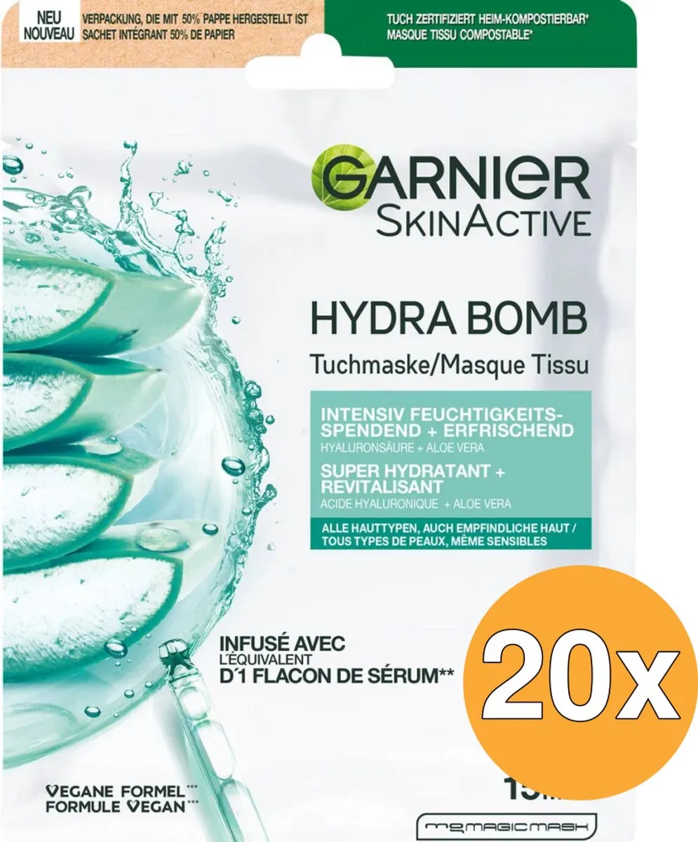 Garnier SkinActive Hyaluronzuur Aloë Vera Gezichtsmaskers - 20 Stuks