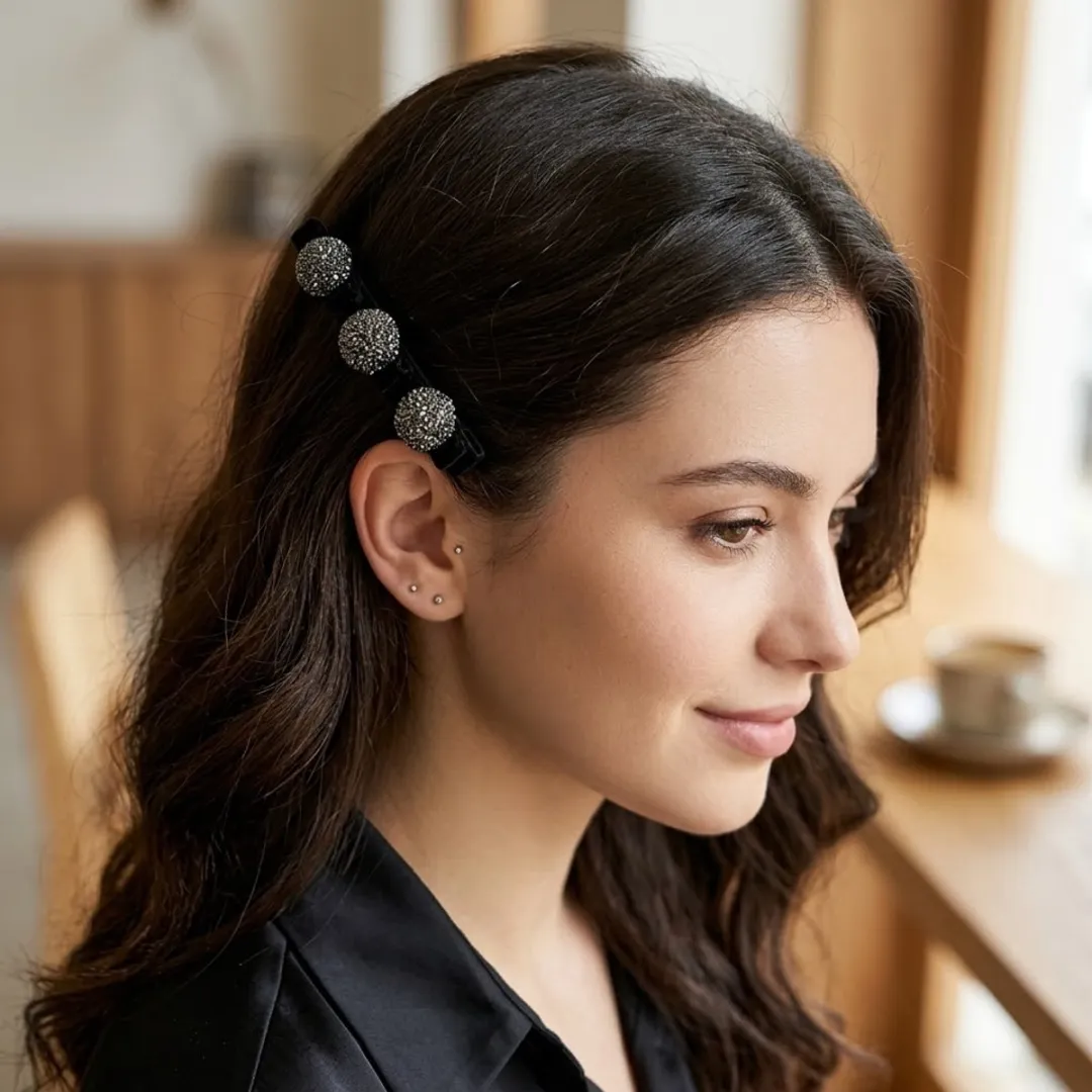 NuveX Zwart Fluweel Haarspeld met Zilveren Rhinestones