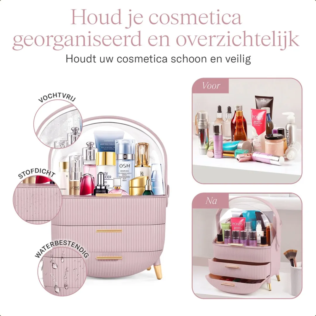 Morelia® Make-up Organizer met Lades en Transparant Deksel – Stof- en Waterdicht – 2 Lades – Roze (Verkrijgbaar in 3 Kleuren)