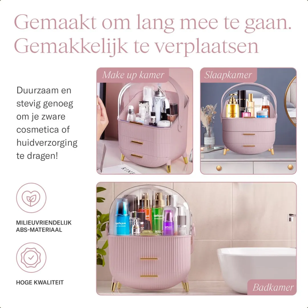 Morelia® Make-up Organizer met Lades en Transparant Deksel – Stof- en Waterdicht – 2 Lades – Roze (Verkrijgbaar in 3 Kleuren)