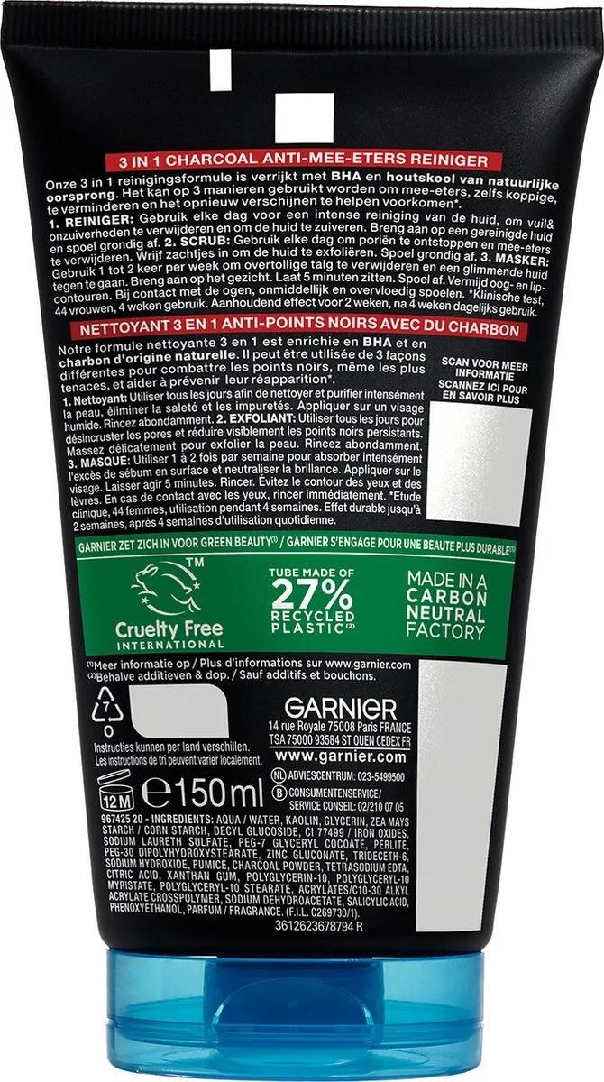 Garnier Pure Active 3in1 Gezichtsreiniger 150ml - Zwart