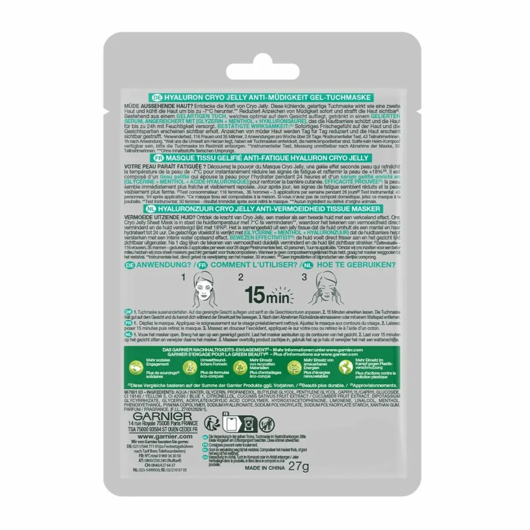 Garnier SkinActive Hyaluron Cryo Jelly Sheet Masker - 3 Stuks