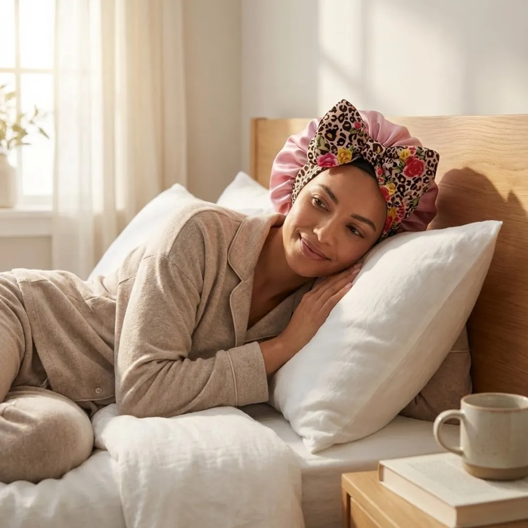 NuveX Roze Satin Haarbonnet met Bloemen & Panterprint