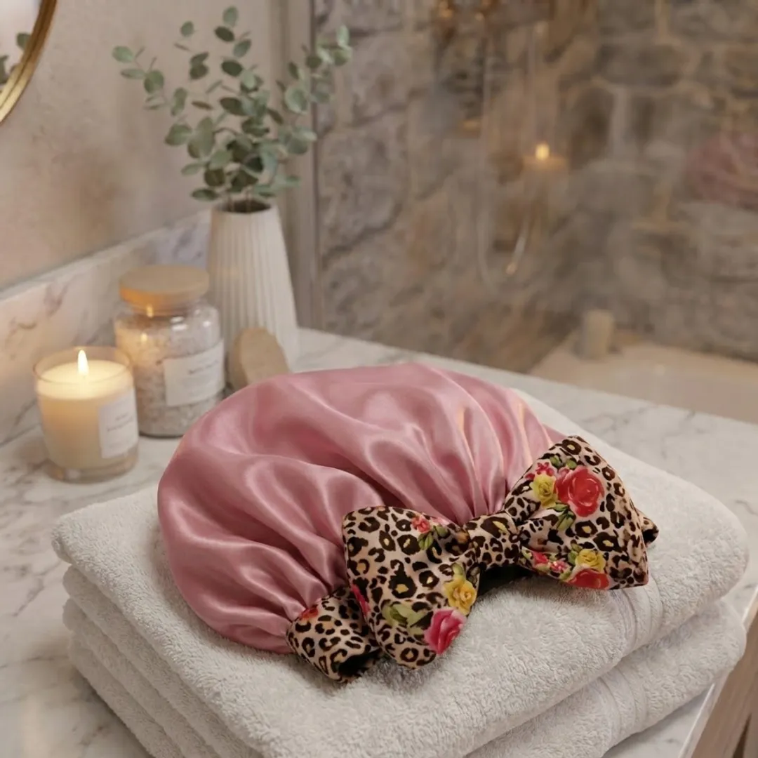 NuveX Roze Satin Haarbonnet met Bloemen & Panterprint