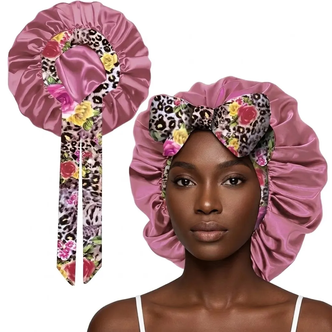 NuveX Roze Satin Haarbonnet met Bloemen & Panterprint
