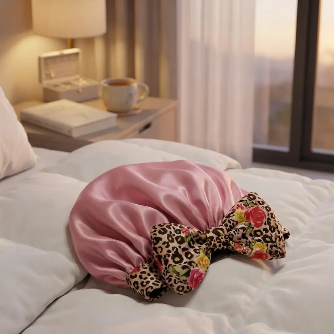 NuveX Roze Satin Haarbonnet met Bloemen & Panterprint