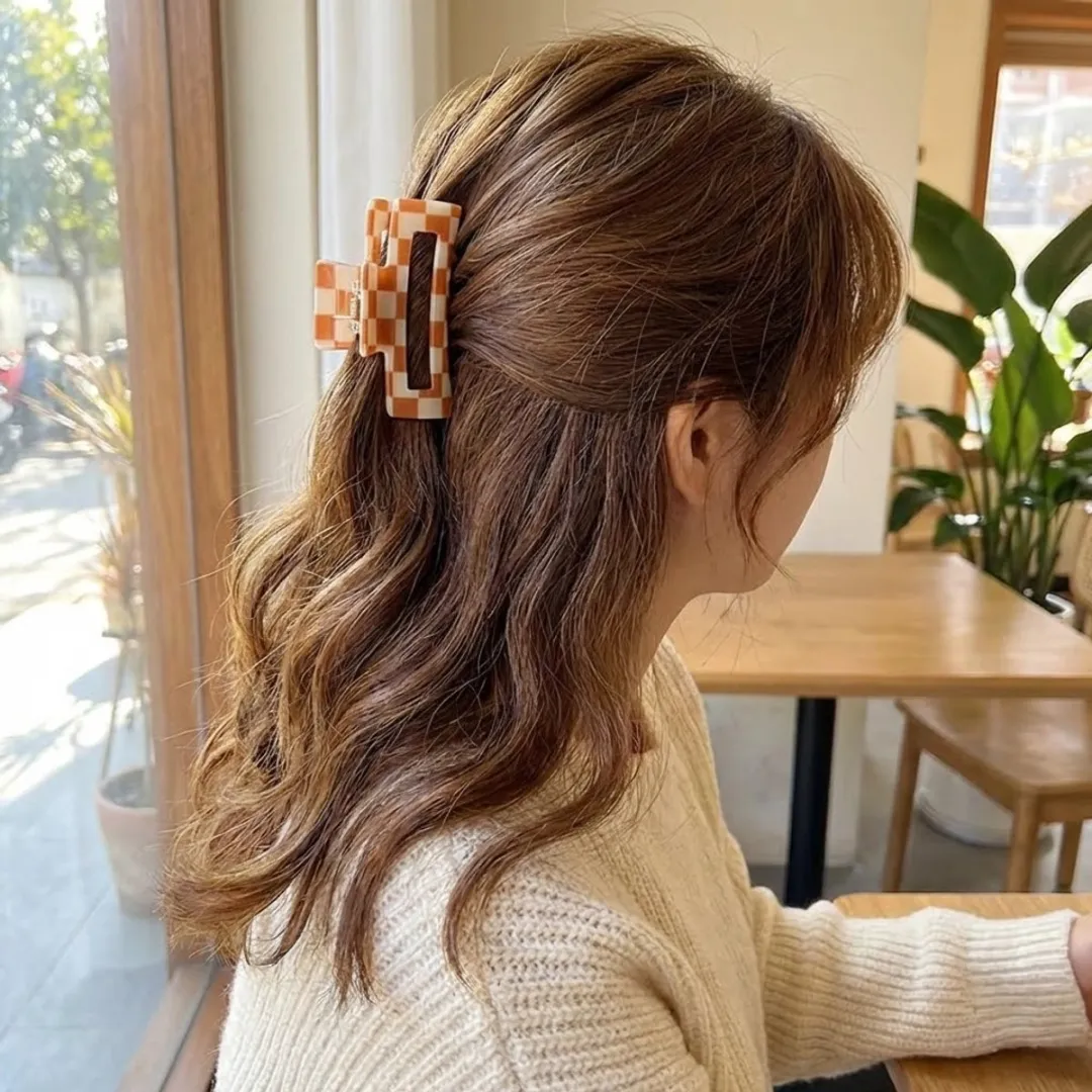 Nuvex Oranje Witte Geruite Haarclip - Kunststof