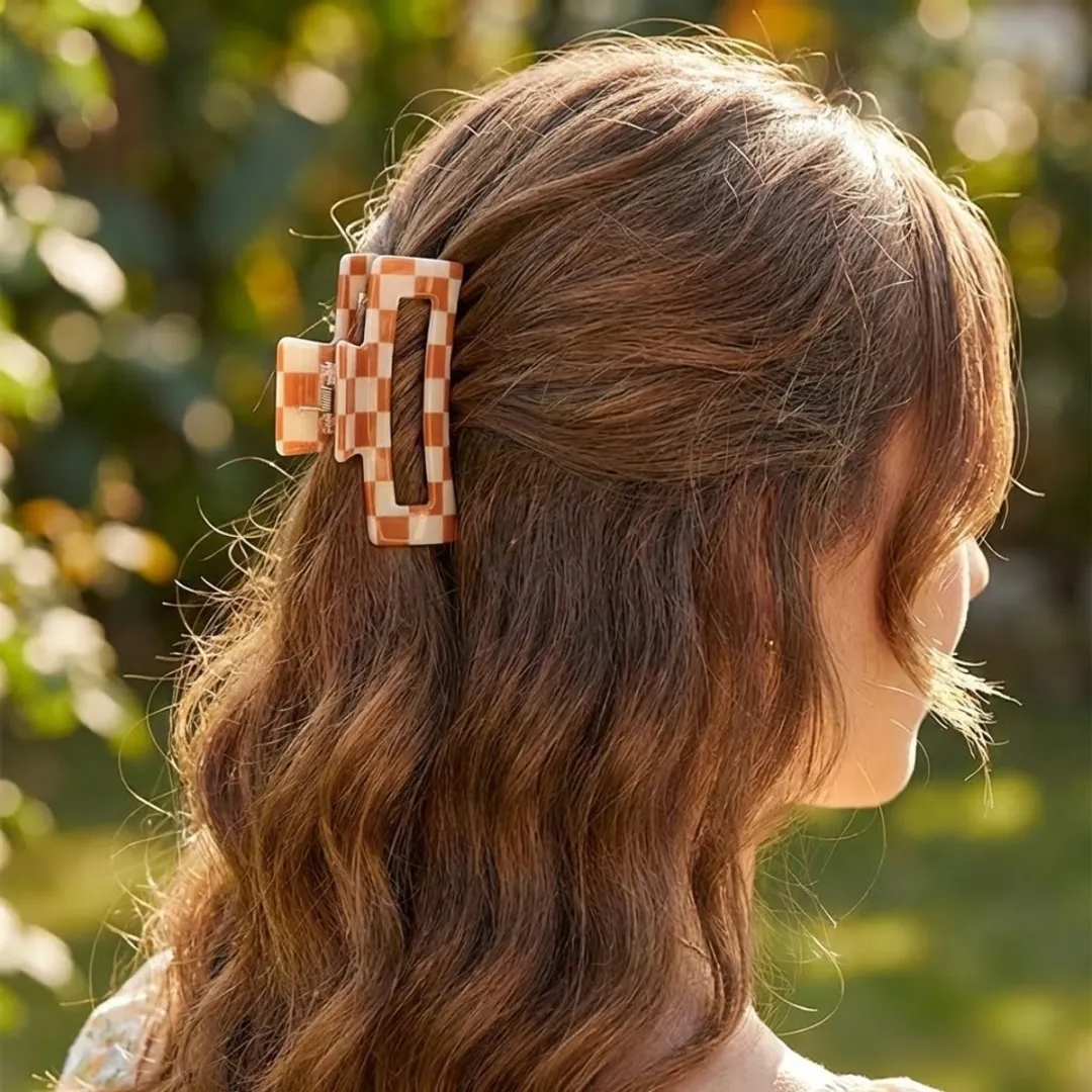 Nuvex Oranje Witte Geruite Haarclip - Kunststof