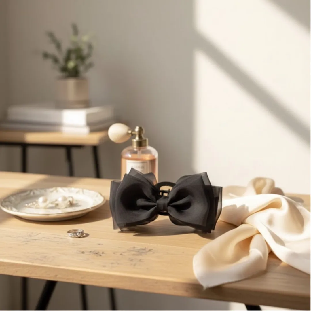 NuveX Zwart Strik Haarclip - Grote Chiffon Strik