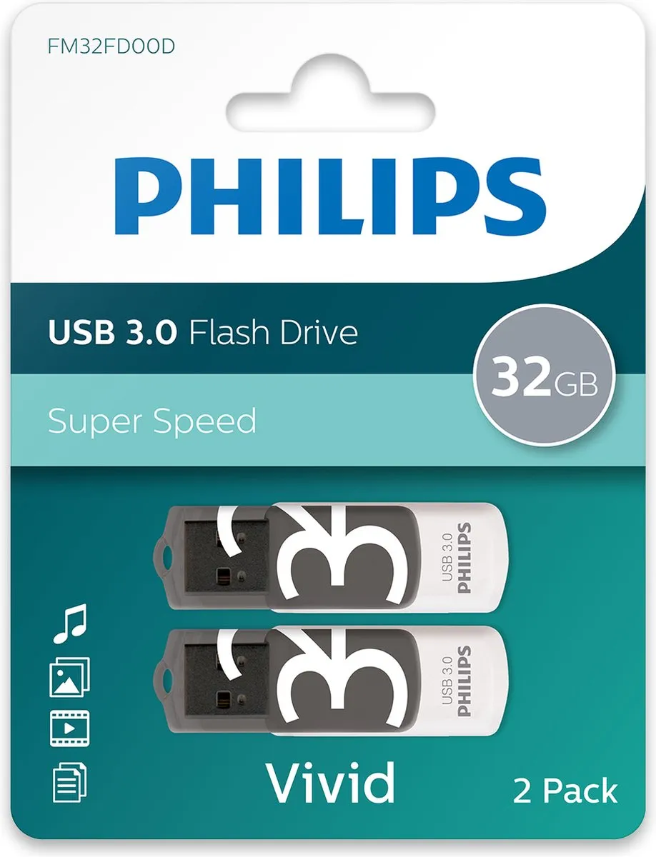 Philips USB Stick 3.0 FM32FD00D 32GB - Grijs/Wit - 2 Stuks