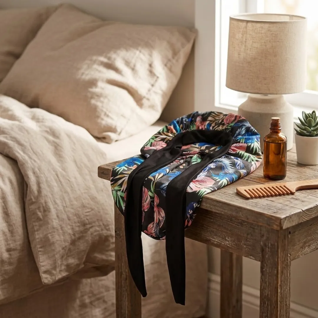 NUVEX Satijnen Haar Bonnet Tropische Bloemenprint - Zwart/Multicolor