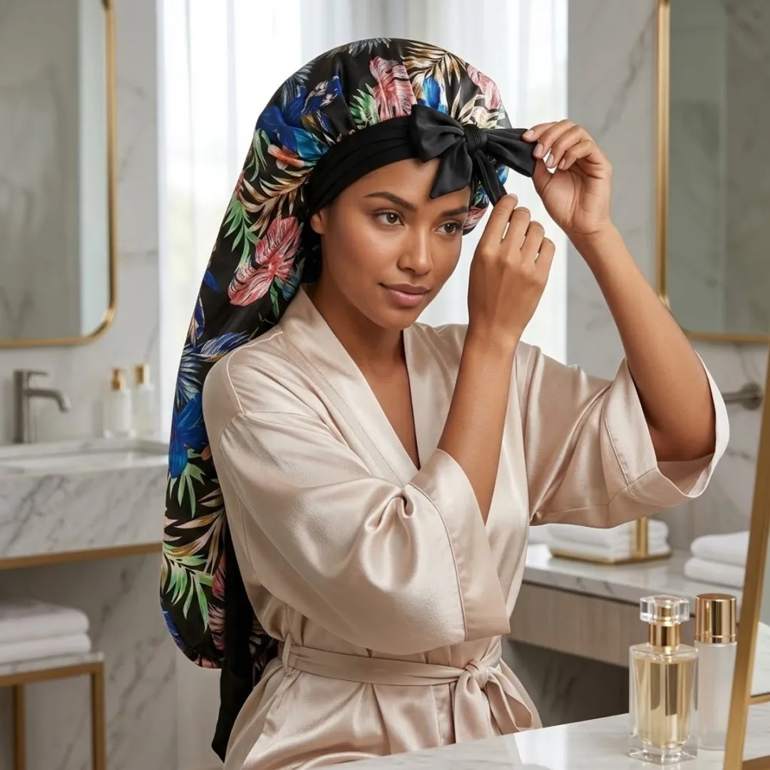 NUVEX Satijnen Haar Bonnet Tropische Bloemenprint - Zwart/Multicolor