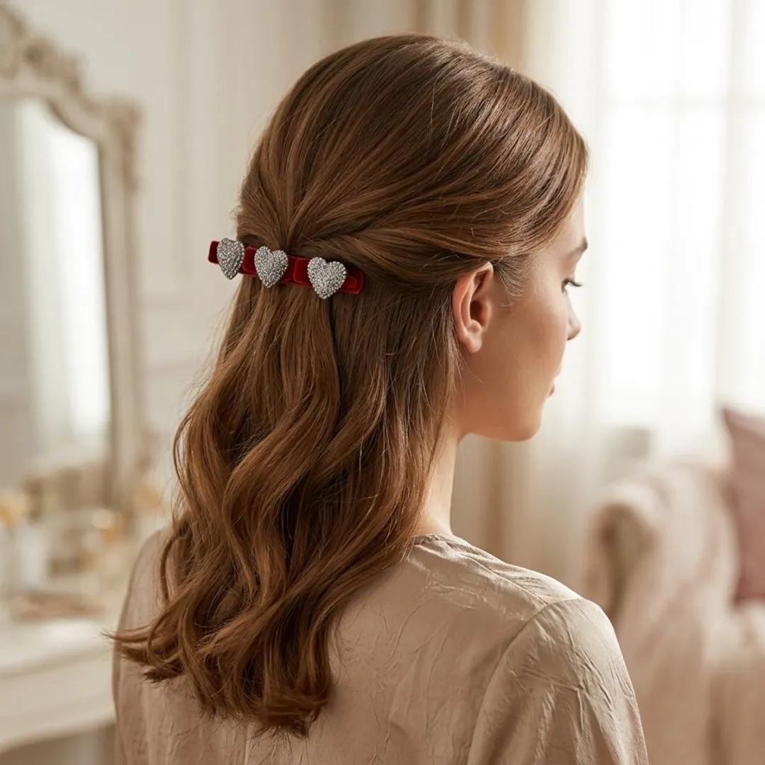 NuveX Bordeaux Haarclip - Fluweel met Zilveren Glitter Hartjes