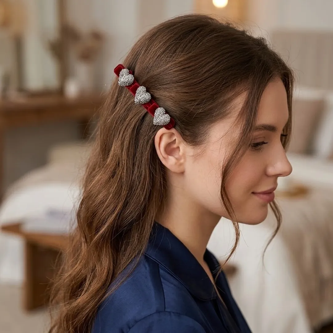 NuveX Bordeaux Haarclip - Fluweel met Zilveren Glitter Hartjes