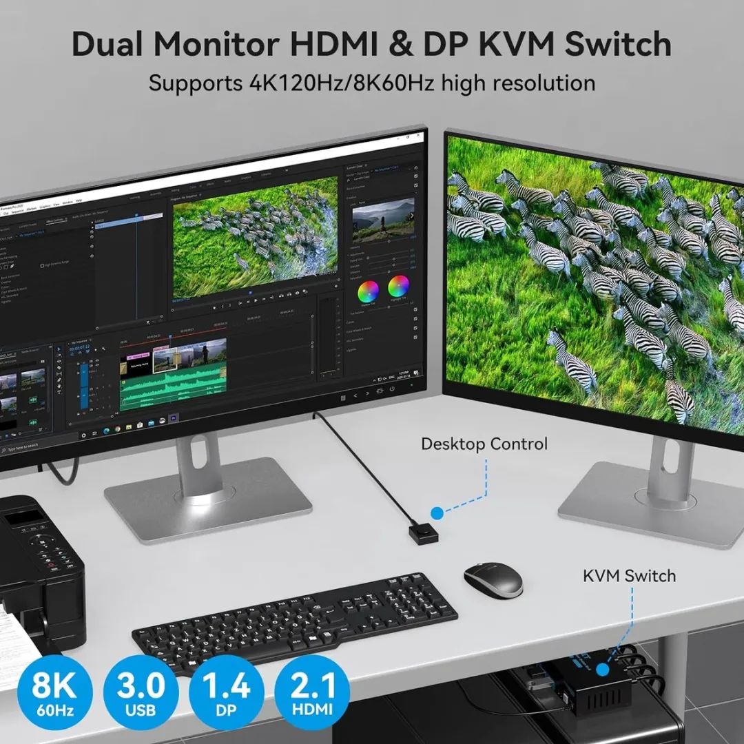NÖRDIC KVM-153 KVM Switch 2x2 - 8K60Hz/4K120Hz - 4x USB-A 3.1