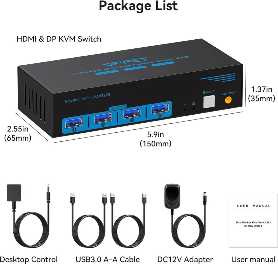 NÖRDIC KVM-153 KVM Switch 2x2 - 8K60Hz/4K120Hz - 4x USB-A 3.1 - afbeelding 6 van 6