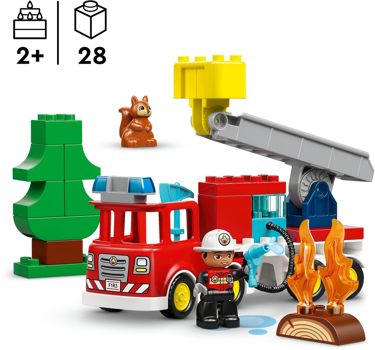 LEGO Duplo brandweerauto met slang en brandweerman speelgoed.