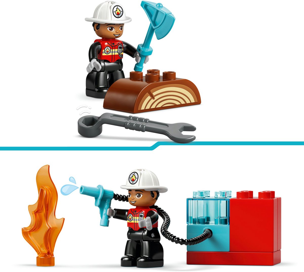 LEGO Duplo brandweerauto met slang en brandweerman speelgoed.