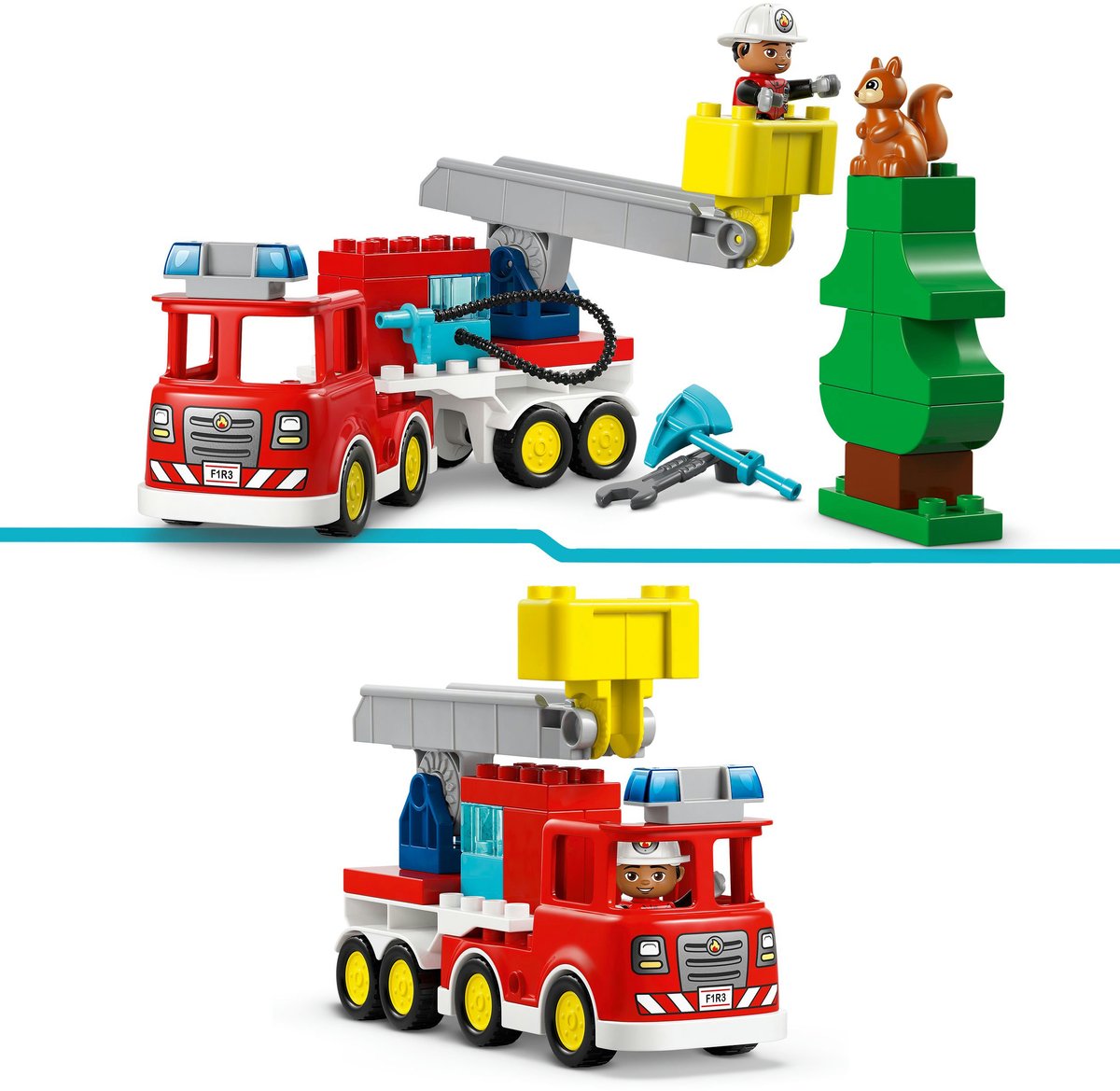 LEGO Duplo brandweerauto met slang en brandweerman speelgoed.