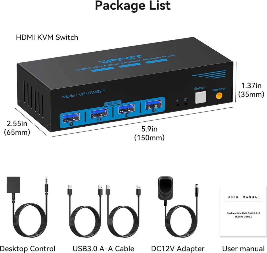 NÖRDIC KVM-151 HDMI 2.1 KVM Switch - 8K60Hz/4K120Hz - 2 PC's 4x USB-A 3.1