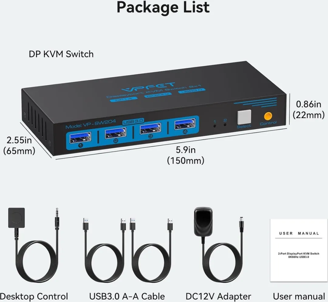 NÖRDIC KVM-150 KVM Switch - DisplayPort naar USB - 4x USB 3.1 - Zwart