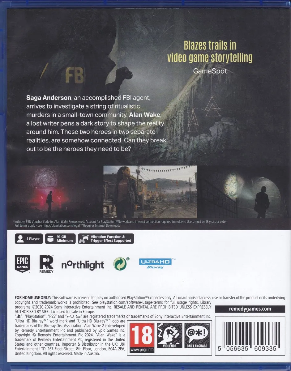 Alan Wake 2 Remastered - Deluxe Edition Includes Alan Wake Remastered Digital Edition PS5