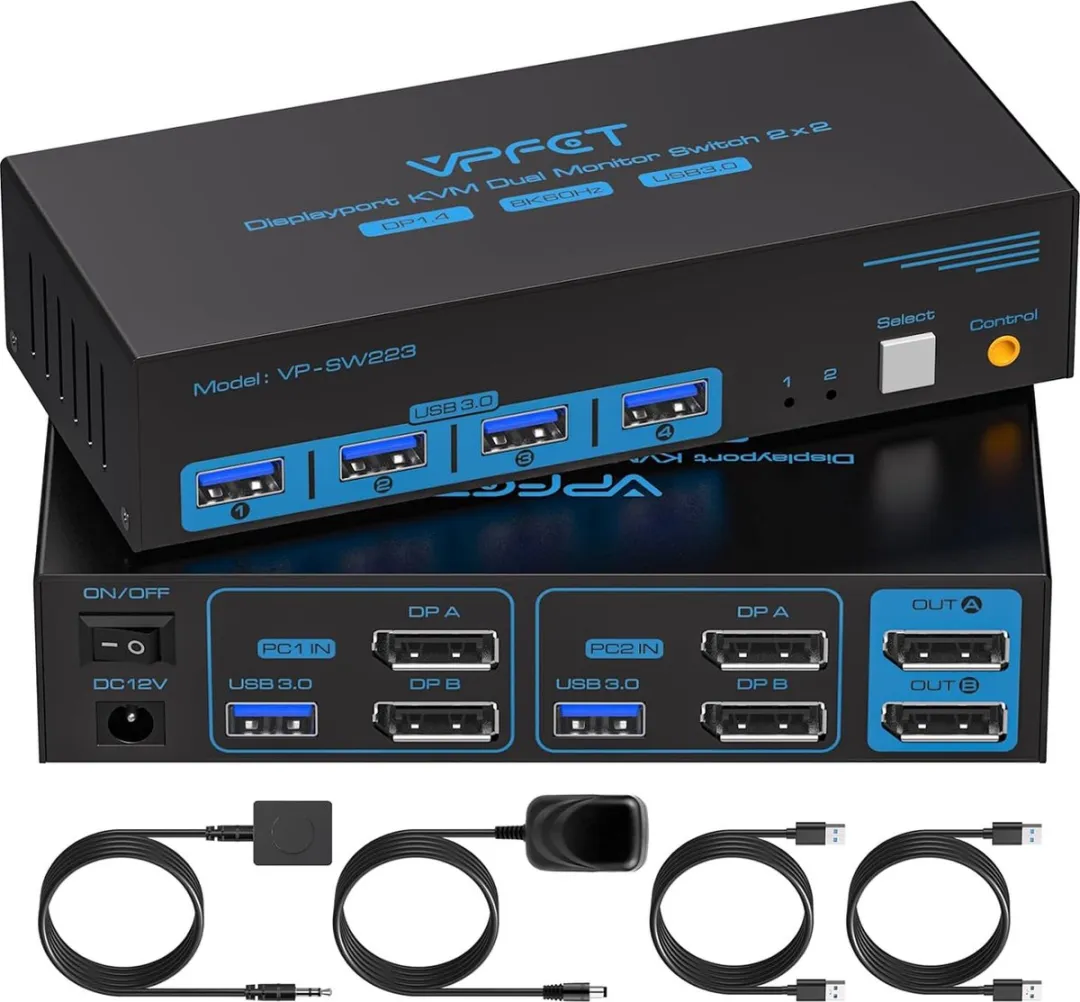 NÖRDIC KVM-152 KVM Switch - 2x2 DisplayPort 8K60Hz 4K120Hz - 4x USB-A 3.1