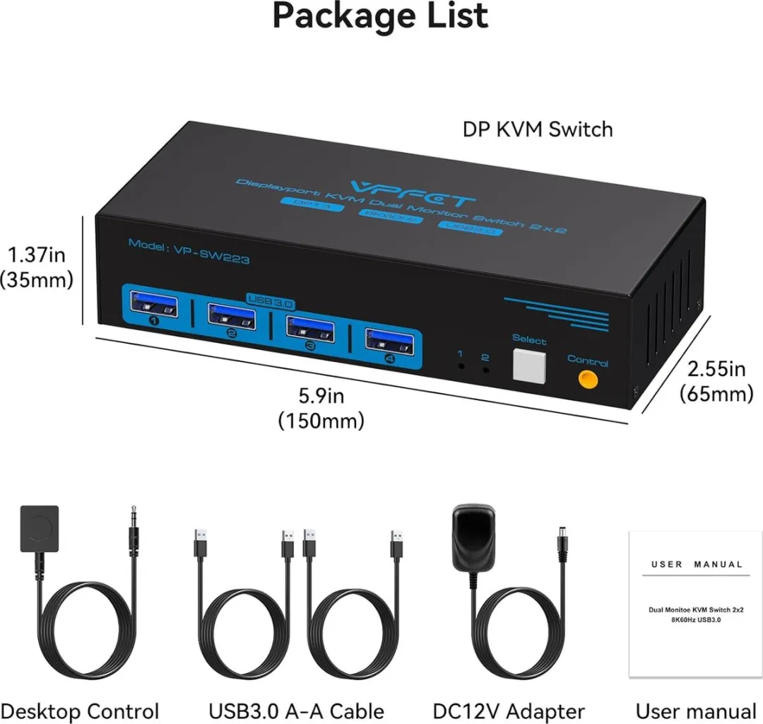 NÖRDIC KVM-152 KVM Switch - 2x2 DisplayPort 8K60Hz 4K120Hz - 4x USB-A 3.1 - afbeelding 6 van 6