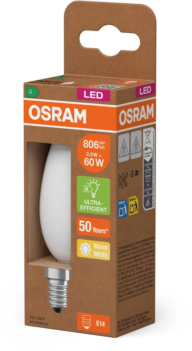 Osram Energy Class LED Mini-kaarslamp 3,8W 806lm E14 - Helder - afbeelding 6 van 6