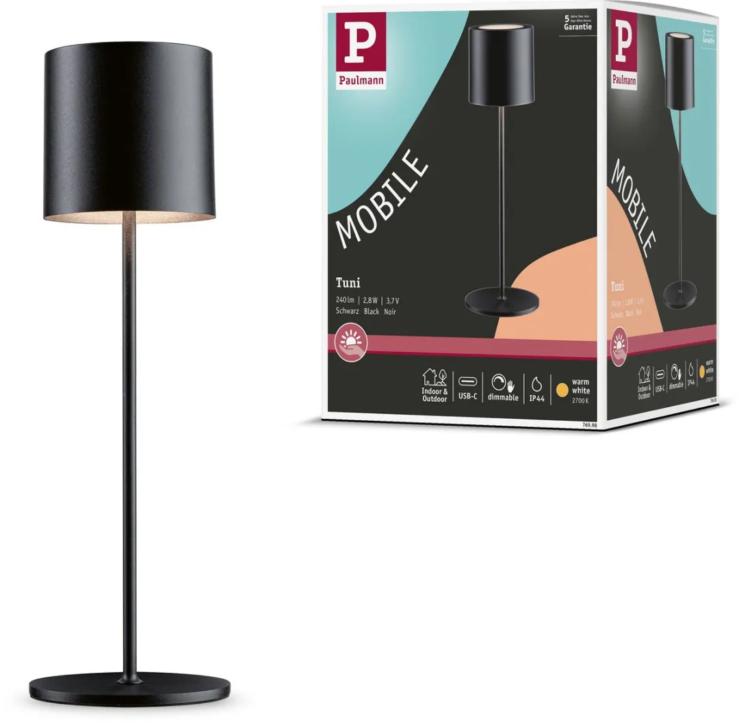 Paulmann Acculamp Tuni IP44 2700K - Zwart mat