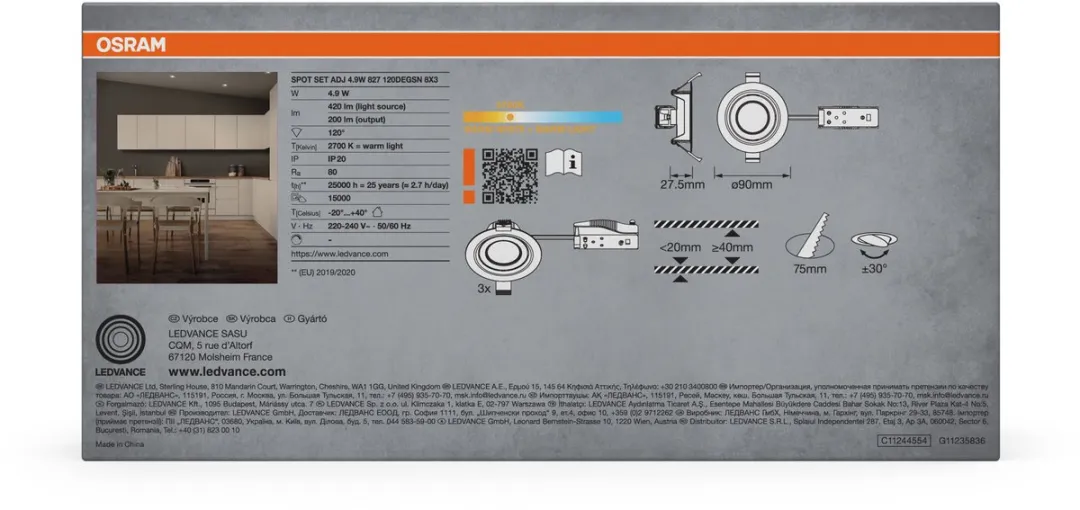 Osram Spot Set LED Inbouwspot 4,9W 200lm 2700K - Ø90mm - 3 Stuks