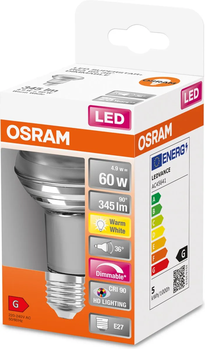 Osram E27 R63 LED Reflector 4.9W 2700K - 36° - Helder