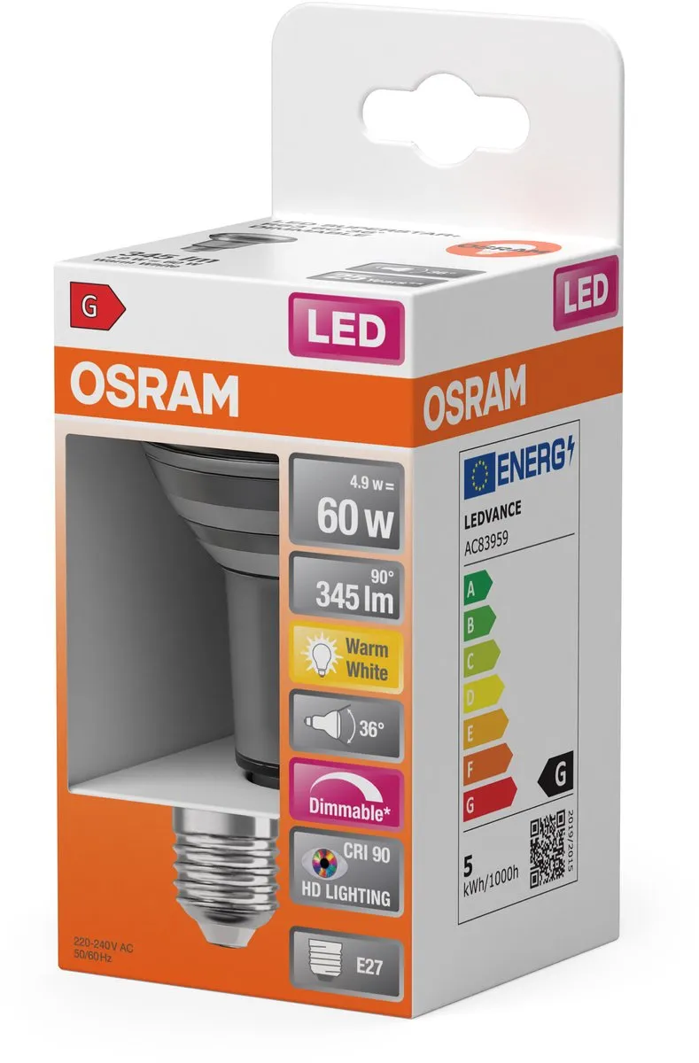 Osram E27 R63 LED Reflector 4.9W 2700K - 36° - Helder