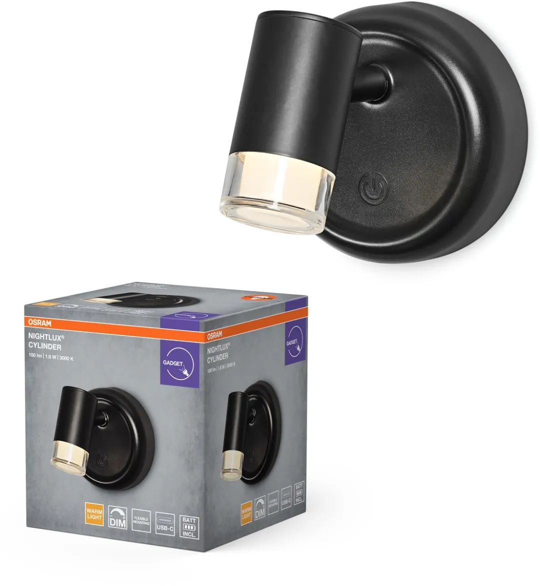 Osram Nightlux LED Cilinderlamp Zwart 3000K - met batterij en touch-dimmer