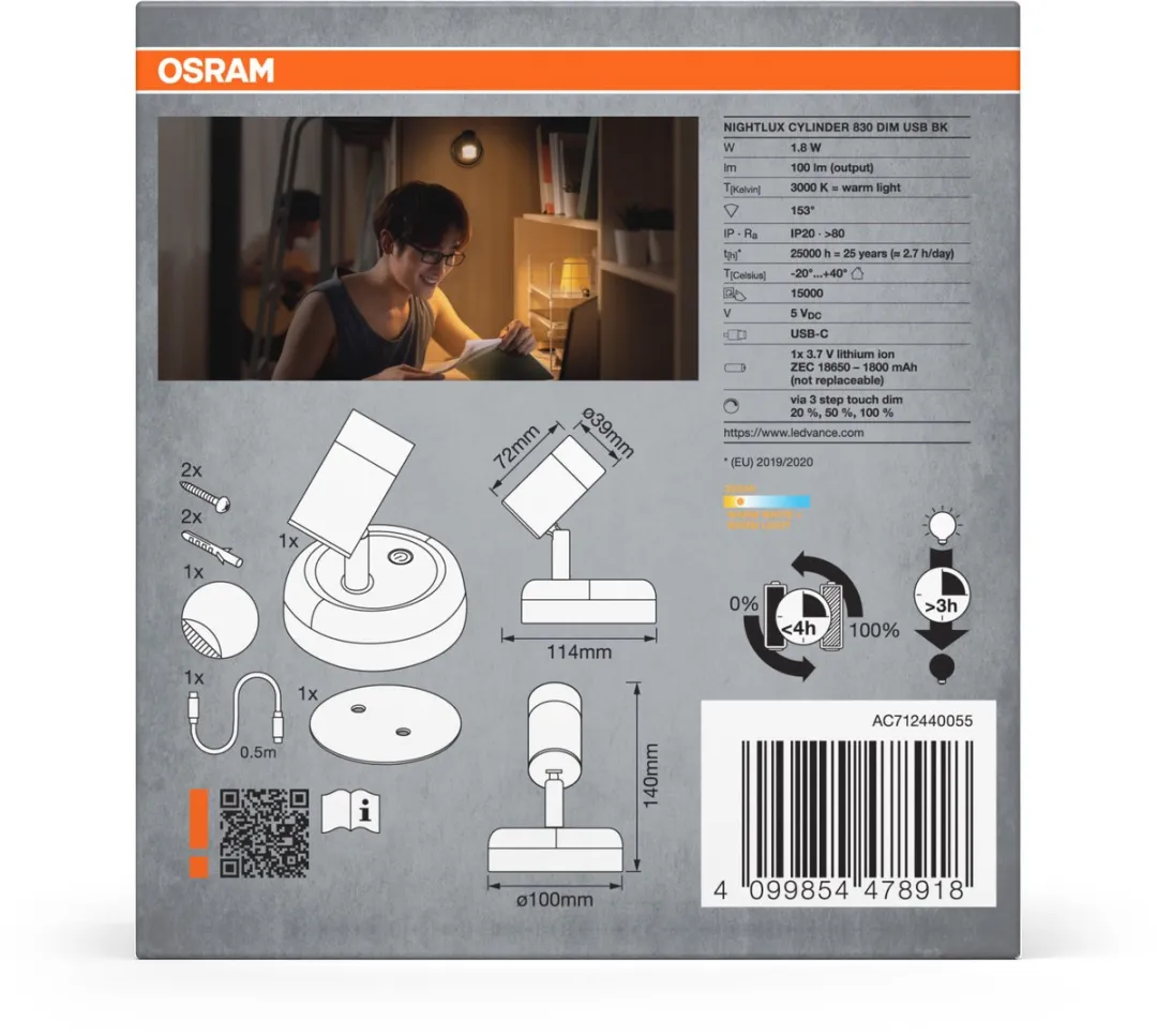 Osram Nightlux LED Cilinderlamp Zwart 3000K - met batterij en touch-dimmer