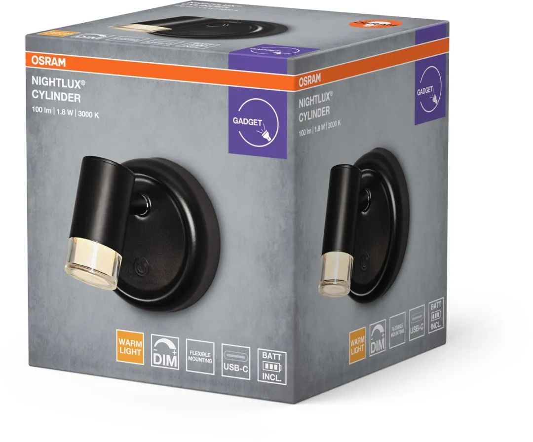 Osram Nightlux LED Cilinderlamp Zwart 3000K - met batterij en touch-dimmer