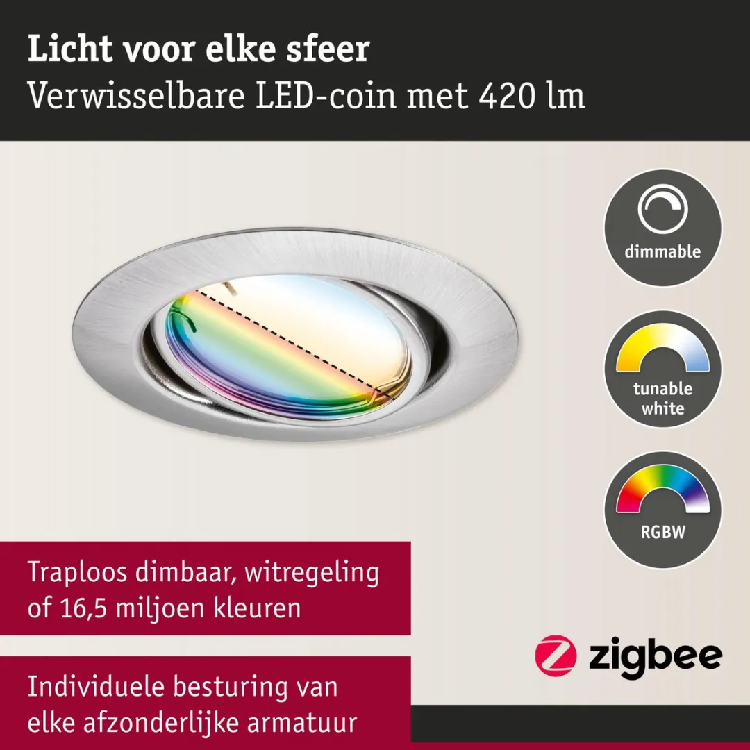 Paulmann LED-inbouwlamp Smart Home Zigbee 3.0 Coin Basisset - 3x420lm - RGBW+ - Staal geborsteld