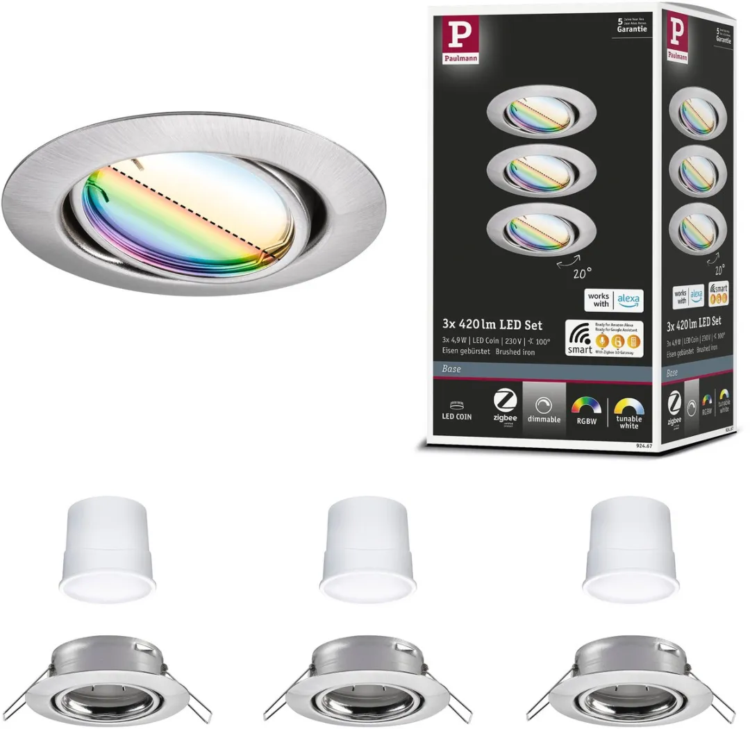 Paulmann LED-inbouwlamp Smart Home Zigbee 3.0 Coin Basisset - 3x420lm - RGBW+ - Staal geborsteld