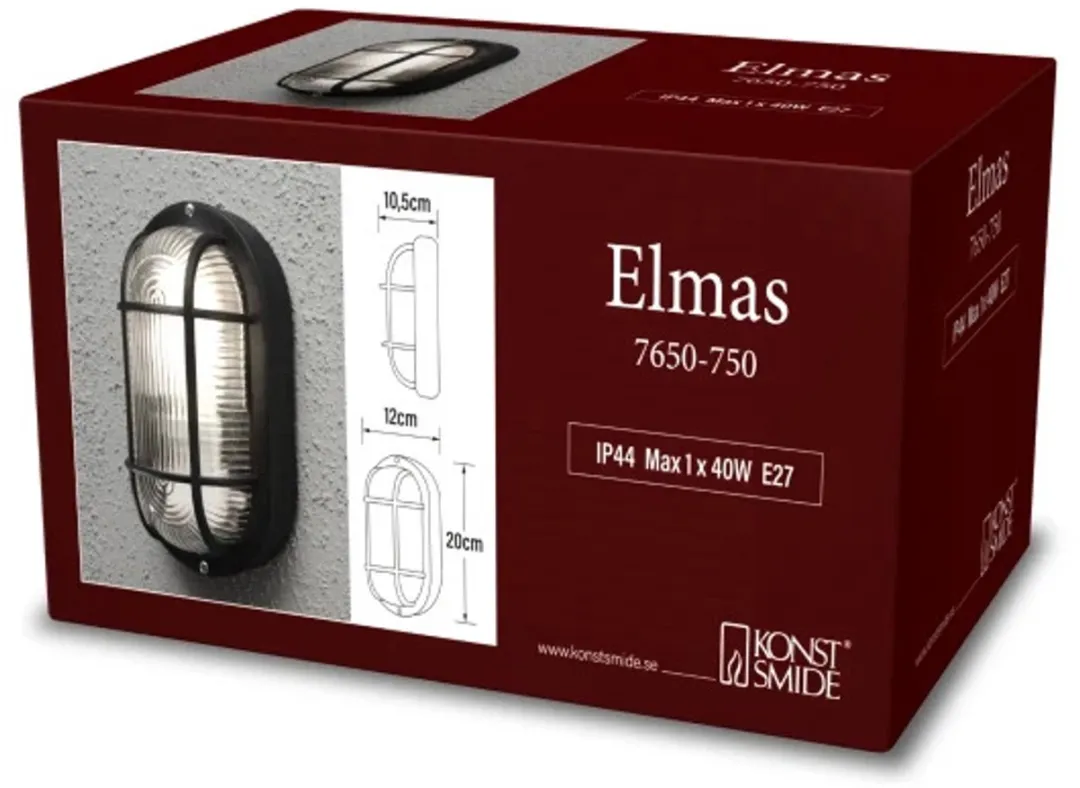 Konstsmide Elmas Wandlamp Buiten E27 - IP44 - Zwart