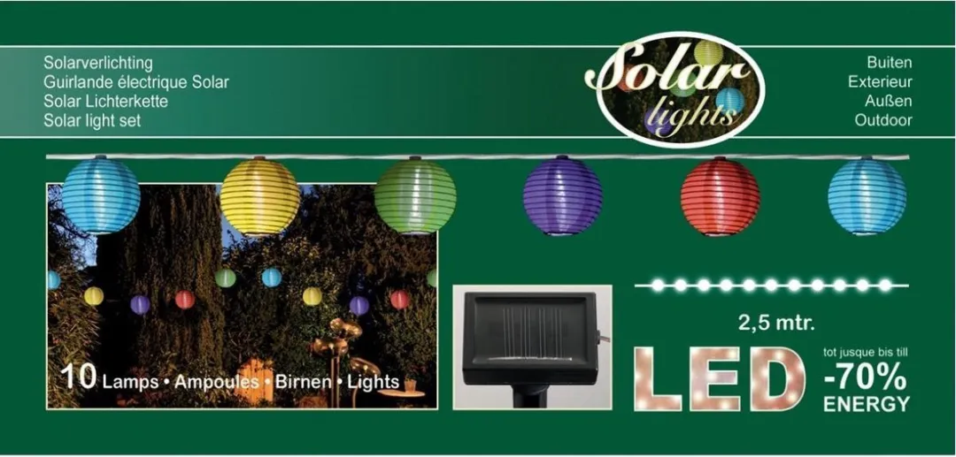 Anna's Collection Solar Feestverlichting Lichtsnoer 2,5m - 10 LED Lampionnen - Multicolor