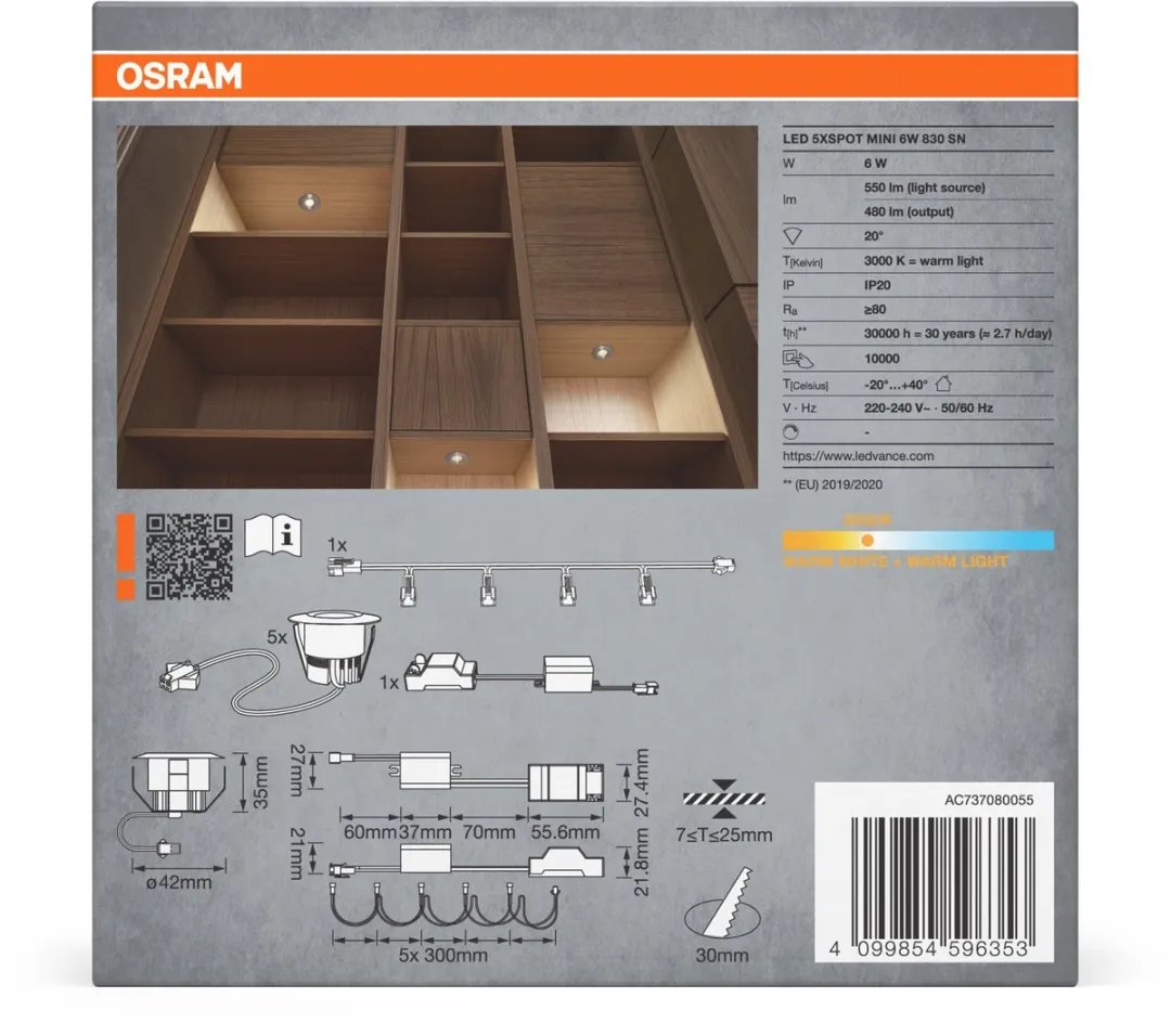 Osram Mini Spot LED Inbouwspot 6W - 5 Stuks - 42mm - 480lm - Satijn nikkel