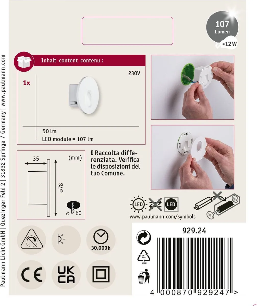 Paulmann LED-wandinbouwlamp Wall rond 78mm 1,1W 65lm