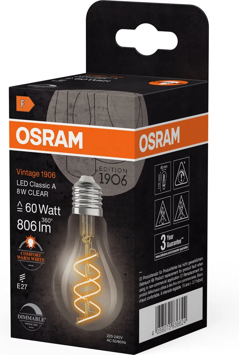 Osram Vintage 1906 LED Classic Slim E27 8W - 806lm - Zeer Warm Wit