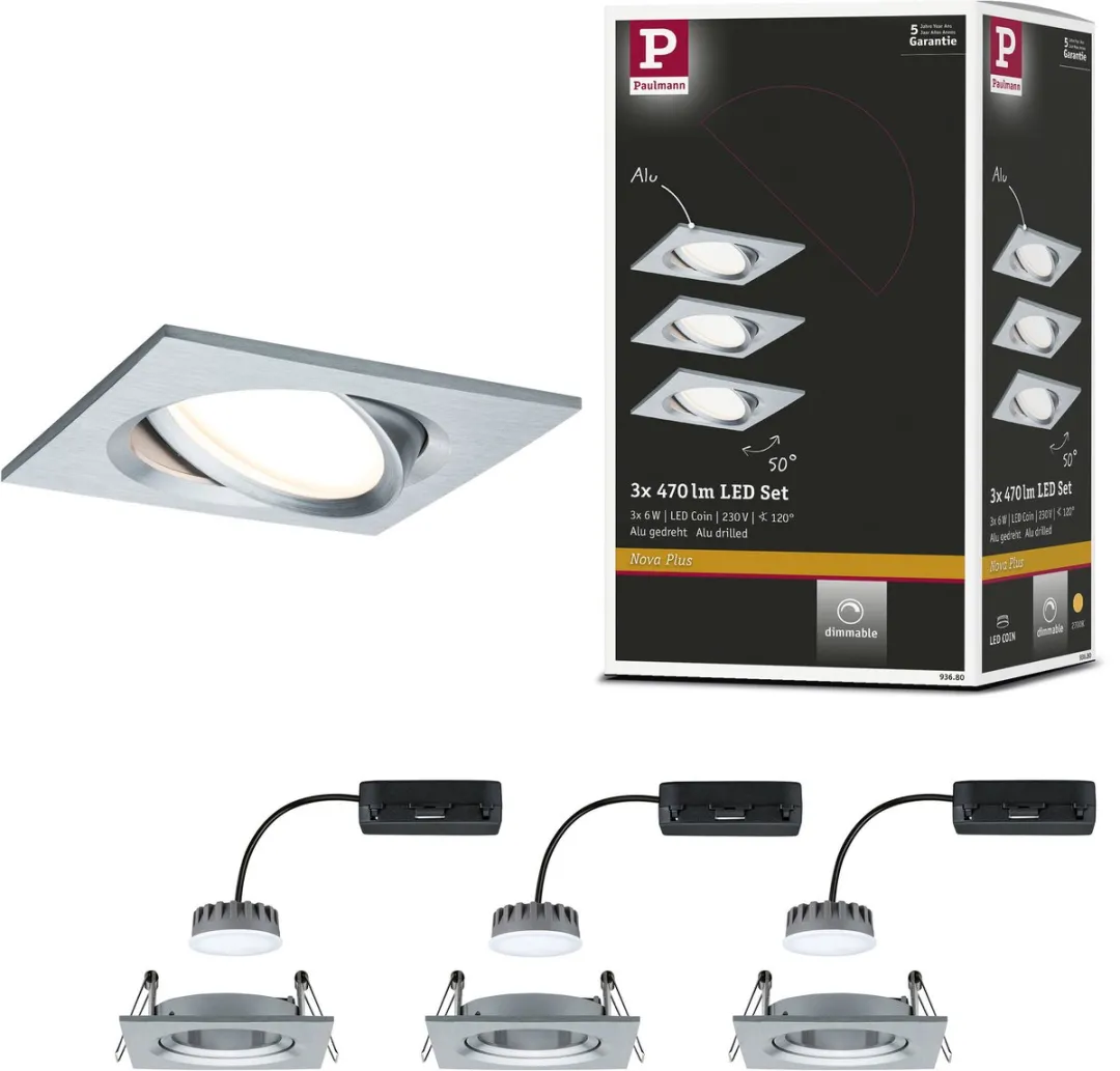 Paulmann Nova Plus Coin Basisset LED-inbouwlamp 3x6W 470lm 2700K - 84x84mm - Alu gedraaid