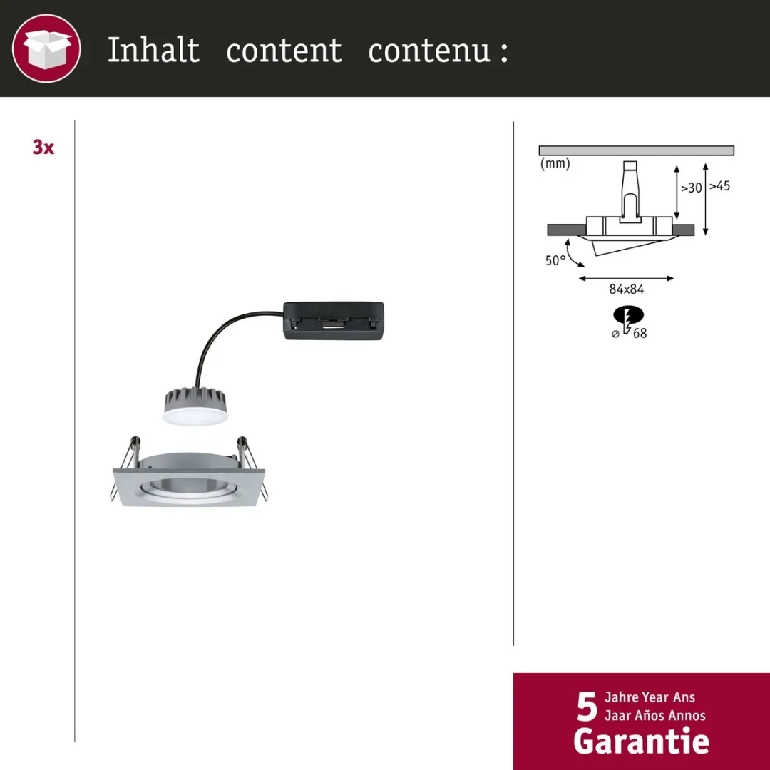 Paulmann Nova Plus Coin Basisset LED-inbouwlamp 3x6W 470lm 2700K - 84x84mm - Alu gedraaid - afbeelding 6 van 6