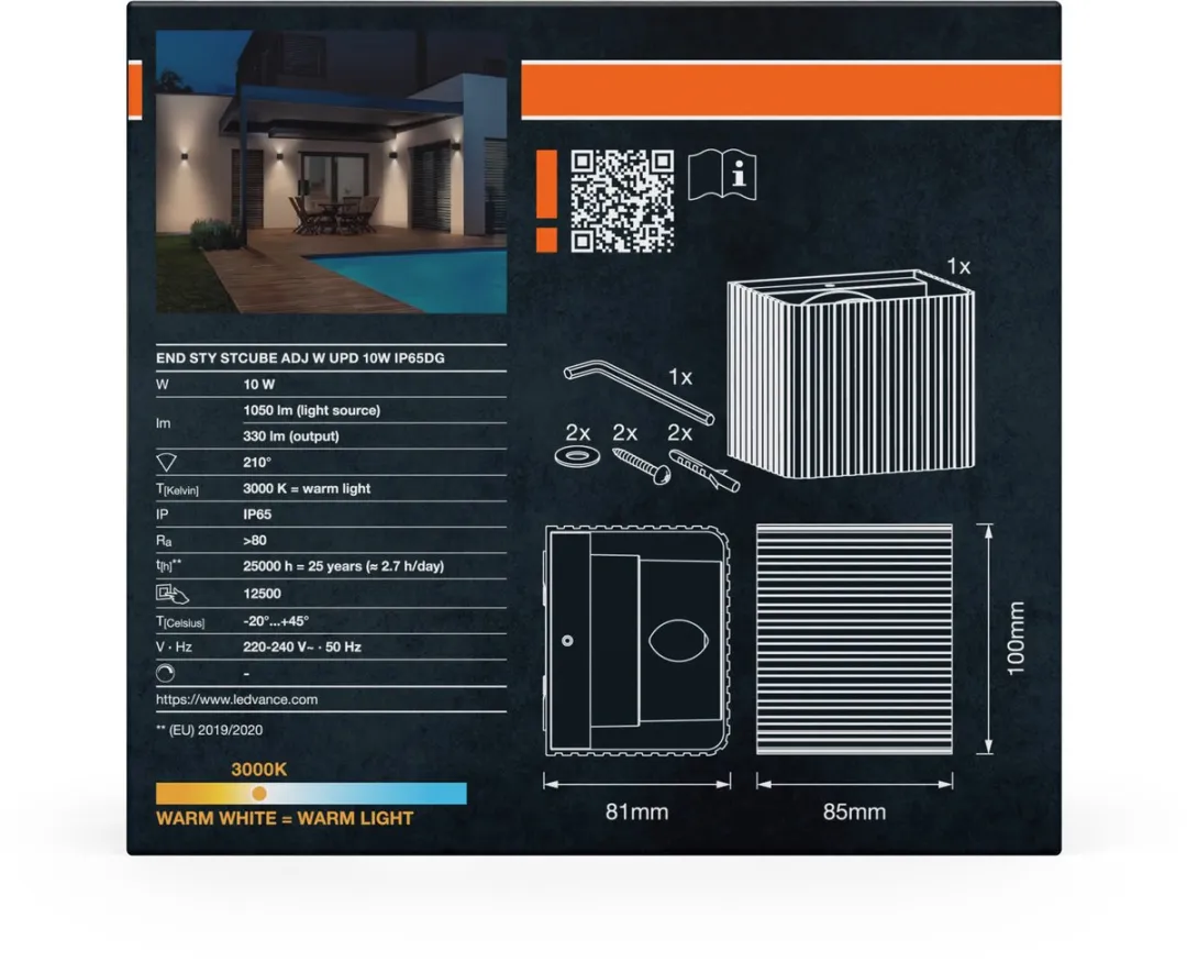 Osram Endura Style Striped Cube Wandlamp 10W IP65 - Donkergrijs - afbeelding 6 van 6